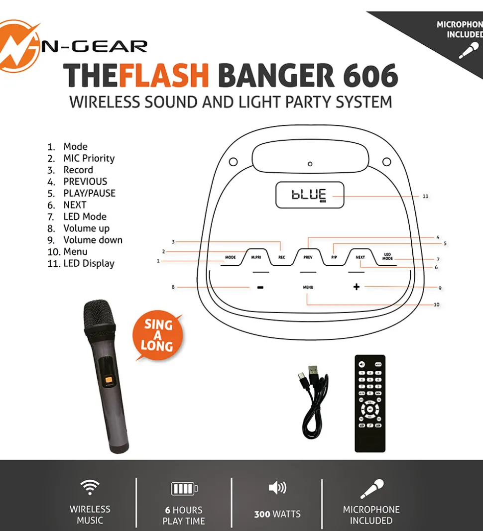 N-GEAR Karaoke Højtalere - Wireless - The Flash Banger 606 - Sor