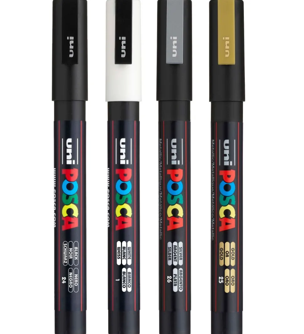 Posca Corner Markers - PC-3M - 4 stk - Guld/Sølv/Hvid/Sort