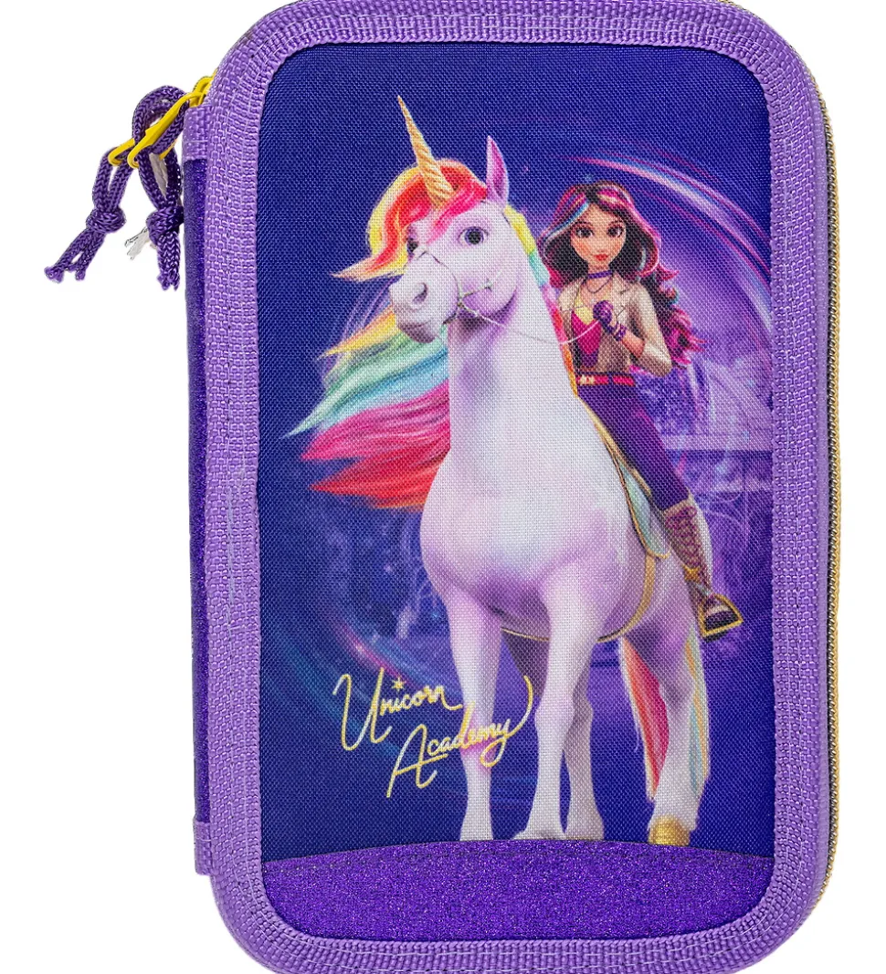 Unicorn Academy Penalhus m. Indhold - Dobbelt - Lilla/Glitter